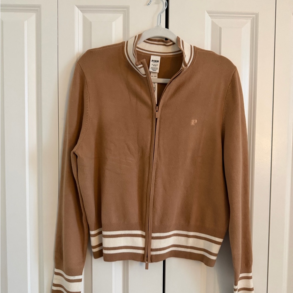 PINK Victoria's Secret Tan Zipper Front Sweater with White Accents